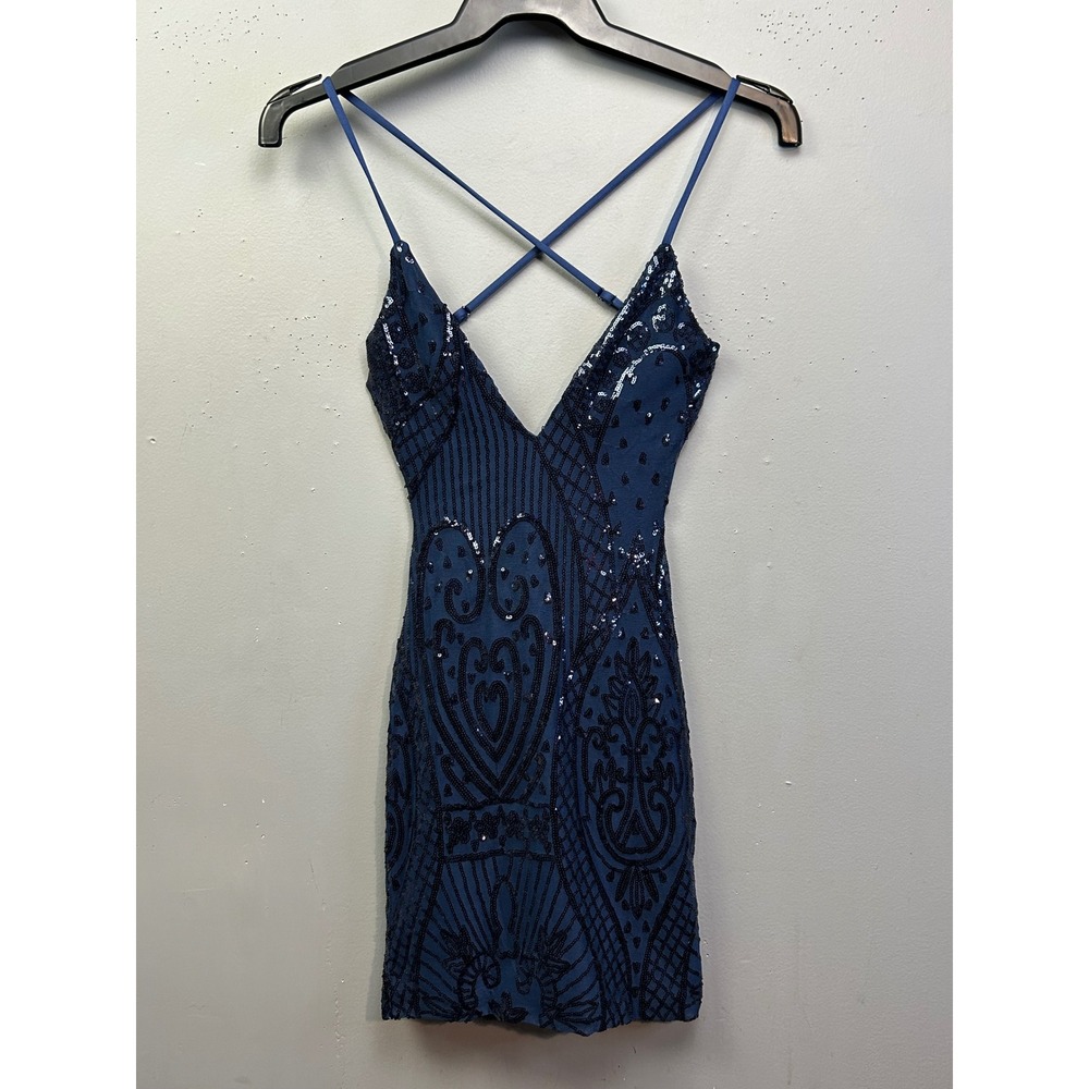 Thats So Fetch Dress Womens 4 Navy Tesla Sequin Mini Open Back Bodycon Party NEW